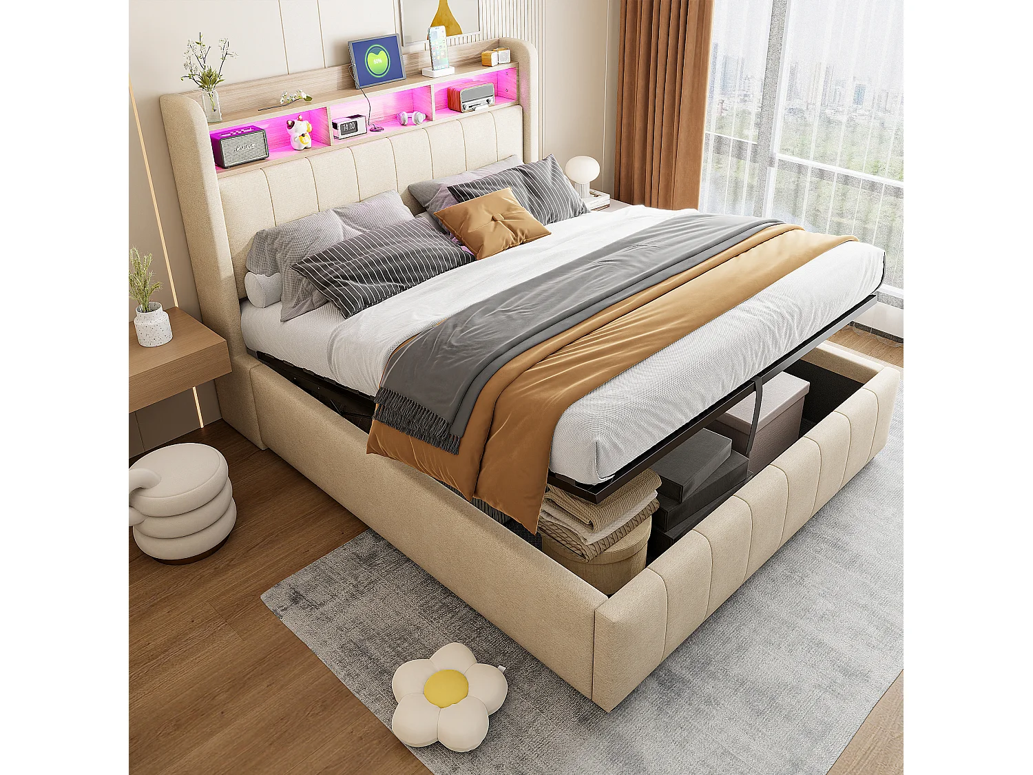 Gestoffeerd Bed 140x200 - Tweepersoonsbed Met Opbergruimte Onder Het Bed En LED-Verlichting - Linnen - Beige