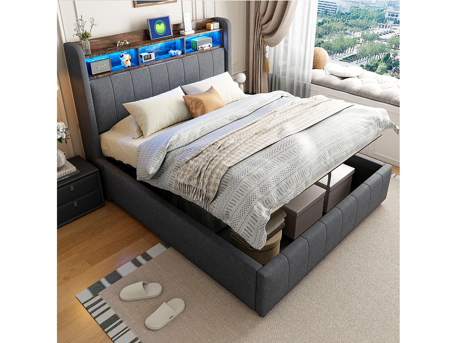 Gestoffeerd Bed 140x200 - Tweepersoonsbed Met Opbergruimte En LED-Verlichting - Linnen - Grijs