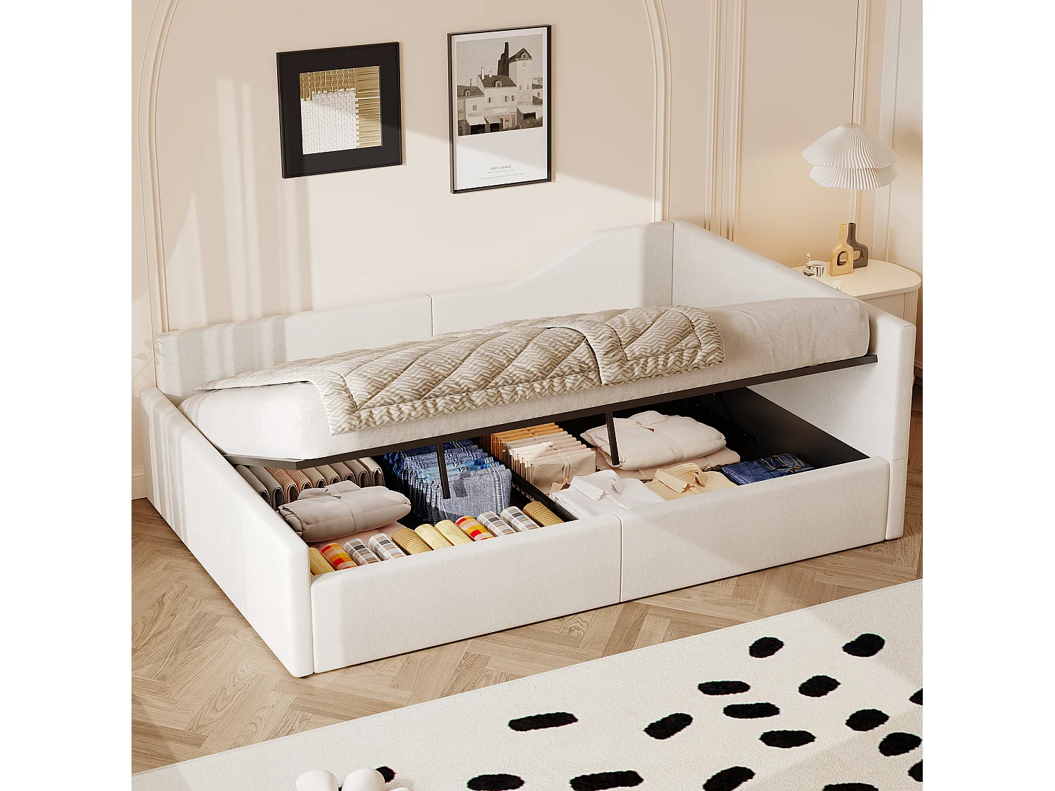 Gestoffeerd Bed 140x200cm - Opbergruimte Onderbed - Daybed met Hoofdleuning - Voor Gastenkamer - MDF;Gestoffeerd - Zonder matras - Beige