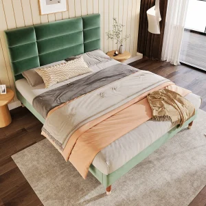 Gestoffeerd Bed 140×200 cm – Gewatteerd Hoofdeinde 8 cm – Lattenbodem – Onderopslag 17 cm – Voor Volwassenen – Fluweel – Donkergroen – Zonder matras