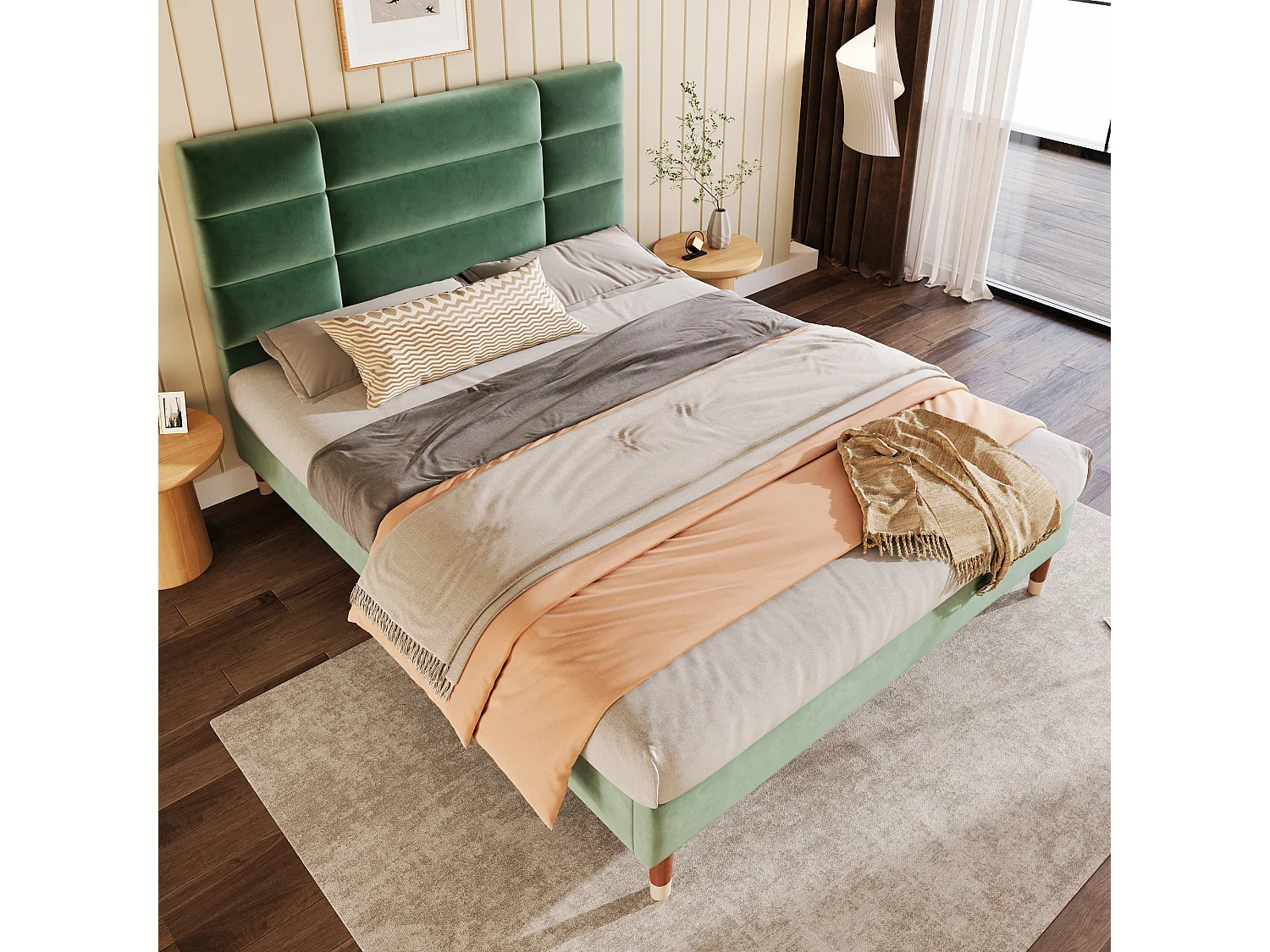 Gestoffeerd Bed 140x200 cm - Gewatteerd Hoofdeinde 8 cm - Lattenbodem - Onderopslag 17 cm - Voor Volwassenen - Fluweel - Donkergroen - Zonder matras
