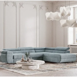 Hoekbank 4-zits met hoek rechts – van chenille stof – lichtblauw – CONCORD Hoekbank 4-zits met hoek rechts – van chenille stof – lichtblauw – CONCORD