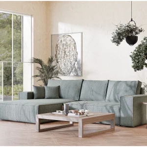 Hoekbank 5-zits met hoek links – van geweven stof – blauw grijs – MAZE Hoekbank 5-zits met hoek links – van geweven stof – blauw grijs – MAZE