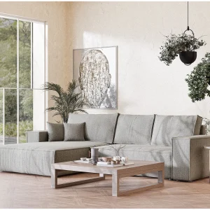 Hoekbank 5-zits met hoek links – van geweven stof – beige grijs – MAZE Hoekbank 5-zits met hoek links – van geweven stof – beige grijs – MAZE