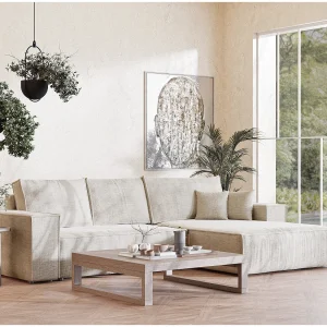 Hoekbank 5-zits met hoek rechts – van chenille stof – beige grijs – MAZE Hoekbank 5-zits met hoek rechts – van chenille stof – beige grijs – MAZE