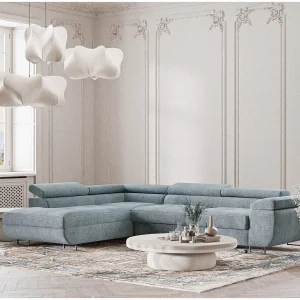 Hoekbank 4-zits met hoek links – van chenille stof – lichtblauw – CONCORD