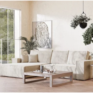 Hoekbank 5-zits met hoek links – van chenille stof – creme – MAZE