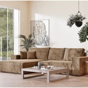 Hoekbank 5-zits met hoek links – van chenille stof – lichtbruin – MAZE Hoekbank 5-zits met hoek links – van chenille stof – lichtbruin – MAZE