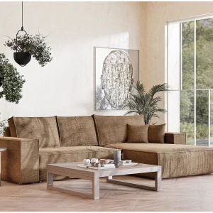 Hoekbank 5-zits met hoek rechts – van chenille stof – lichtbruin – MAZE Hoekbank 5-zits met hoek rechts – van chenille stof – lichtbruin – MAZE