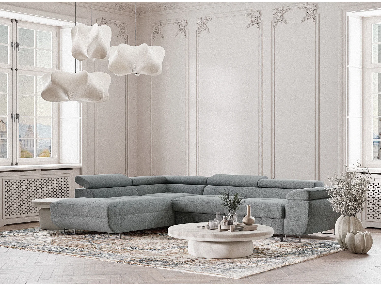 Hoekbank 4-zits met hoek links - van geweven stof - blauw grijs - CONCORD