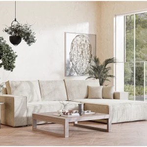 Hoekbank 5-zits met hoek rechts – van chenille stof – creme – MAZE Hoekbank 5-zits met hoek rechts – van chenille stof – creme – MAZE