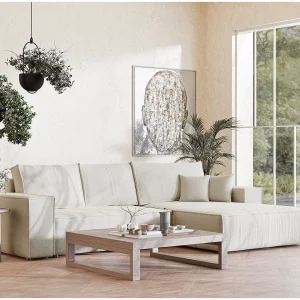 Hoekbank 5-zits met hoek rechts – van geweven stof – lichtbeige – MAZE Hoekbank 5-zits met hoek rechts – van geweven stof – lichtbeige – MAZE