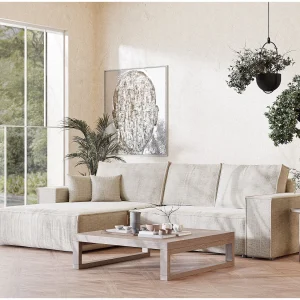 Hoekbank 5-zits met hoek links – van chenille stof – beige grijs – MAZE