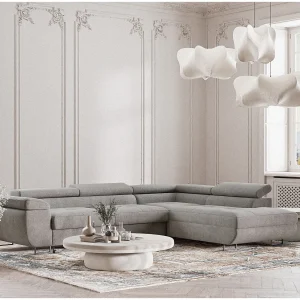 Hoekbank 4-zits met hoek rechts – van chenille stof – beige grijs – CONCORD Hoekbank 4-zits met hoek rechts – van chenille stof – beige grijs – CONCORD
