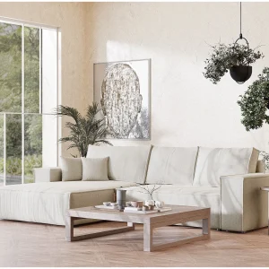 Hoekbank 5-zits met hoek links – van geweven stof – lichtbeige – MAZE Hoekbank 5-zits met hoek links – van geweven stof – lichtbeige – MAZE
