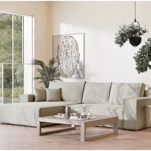 Hoekbank 5-zits met hoek links – van geweven stof – beige – MAZE Hoekbank 5-zits met hoek links – van geweven stof – beige – MAZE