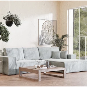 Hoekbank 5-zits met hoek rechts – van chenille stof – grijs – MAZE Hoekbank 5-zits met hoek rechts – van chenille stof – grijs – MAZE