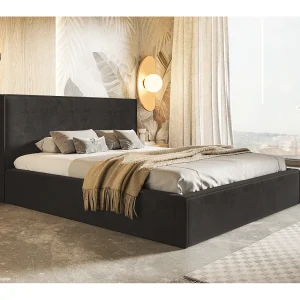 Gestoffeerd bed 160×200 Kyoto – tweepersoonsbed met opbergruimte – metalen lattenbodem, fluwelen Zwart (Amor Velvet 4322)