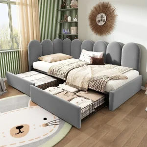 Gestoffeerd opbergbed voor kinderen – 90 x 190 cm – met 2 lades + lattenbodem – slaapbank – fluweel – grijs Gestoffeerd opbergbed voor kinderen – 90 x 190 cm – met 2 lades + lattenbodem – slaapbank – fluweel – grijs
