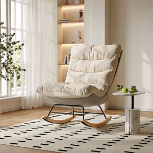 Gestoffeerde schommelstoel met hoge rugleuning en massief houten poten, voor woonkamer of slaapkamer, beige Gestoffeerde schommelstoel met hoge rugleuning en massief houten poten, voor woonkamer of slaapkamer, beige