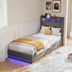 Gestoffeerd bed, 90 x 200 cm, met USB-poort, lattenbodem en 2 lades, met ledverlichting, linnen, grijs. Gestoffeerd bed, 90 x 200 cm, met USB-poort, lattenbodem en 2 lades, met ledverlichting, linnen, grijs.