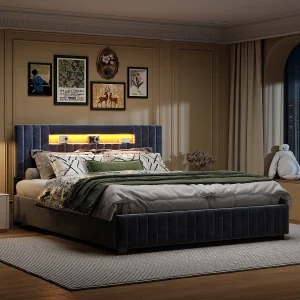Gestoffeerd tweepersoonsbed 140 x 200 cm, met LED-hoofdbord, lattenbodem, fluweel, grijs Gestoffeerd tweepersoonsbed 140 x 200 cm, met LED-hoofdbord, lattenbodem, fluweel, grijs