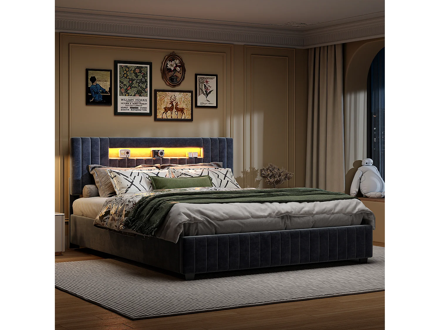 Gestoffeerd tweepersoonsbed 140 x 200 cm, met LED-hoofdbord, lattenbodem, fluweel, grijs