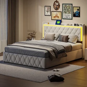 Gestoffeerd bed 140 x 200 cm, tweepersoonsbedframe met ledverlichting en USB-oplaadfunctie, fluweel, beige Gestoffeerd bed 140 x 200 cm, tweepersoonsbedframe met ledverlichting en USB-oplaadfunctie, fluweel, beige