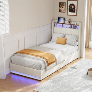 Gestoffeerd bed, 90 x 200 cm, met USB-poort, lattenbodem en 2 lades, met ledverlichting, linnen, beige. Gestoffeerd bed, 90 x 200 cm, met USB-poort, lattenbodem en 2 lades, met ledverlichting, linnen, beige.