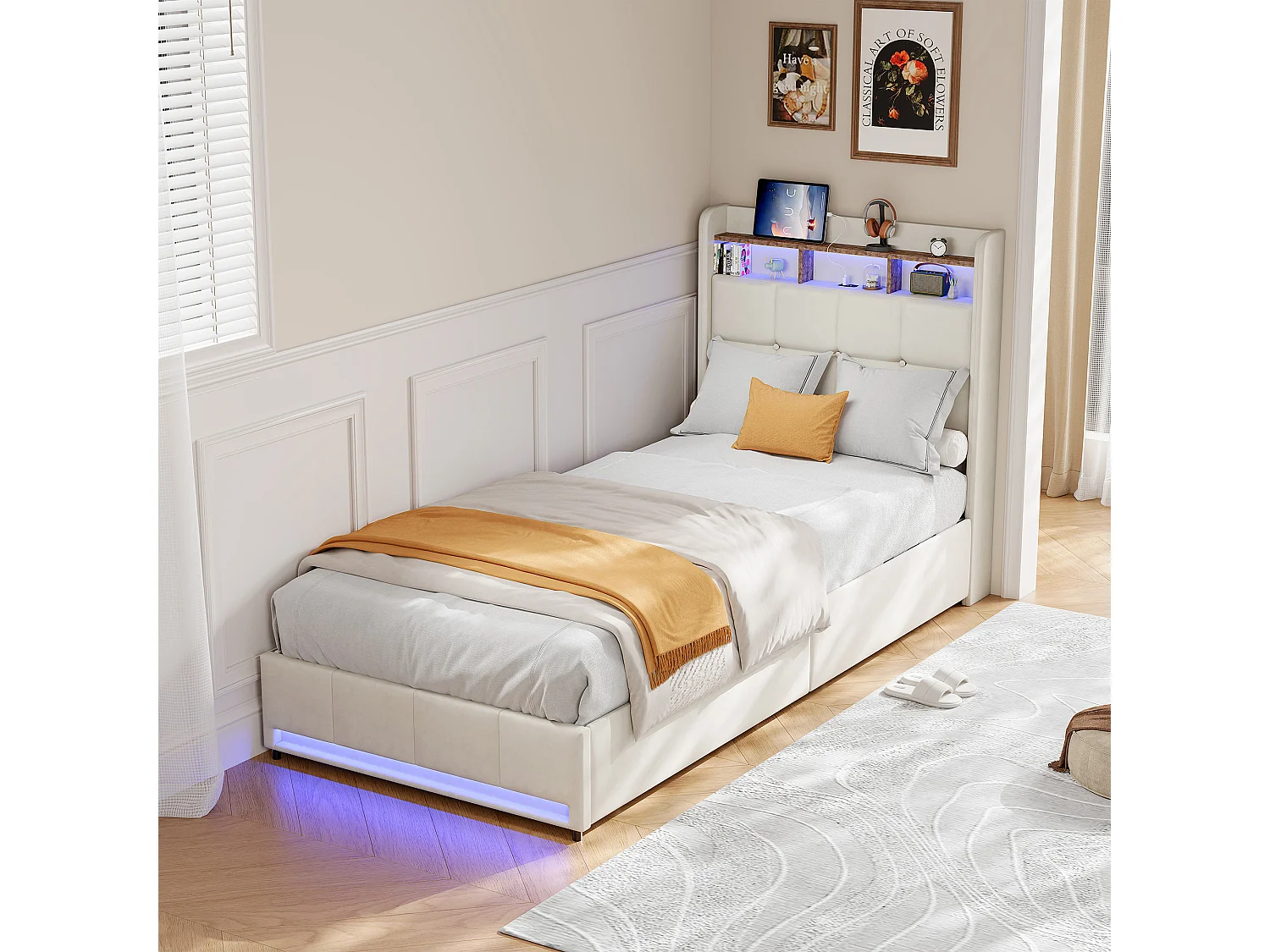 Gestoffeerd bed, 90 x 200 cm, met USB-poort, lattenbodem en 2 lades, met ledverlichting, linnen, beige.