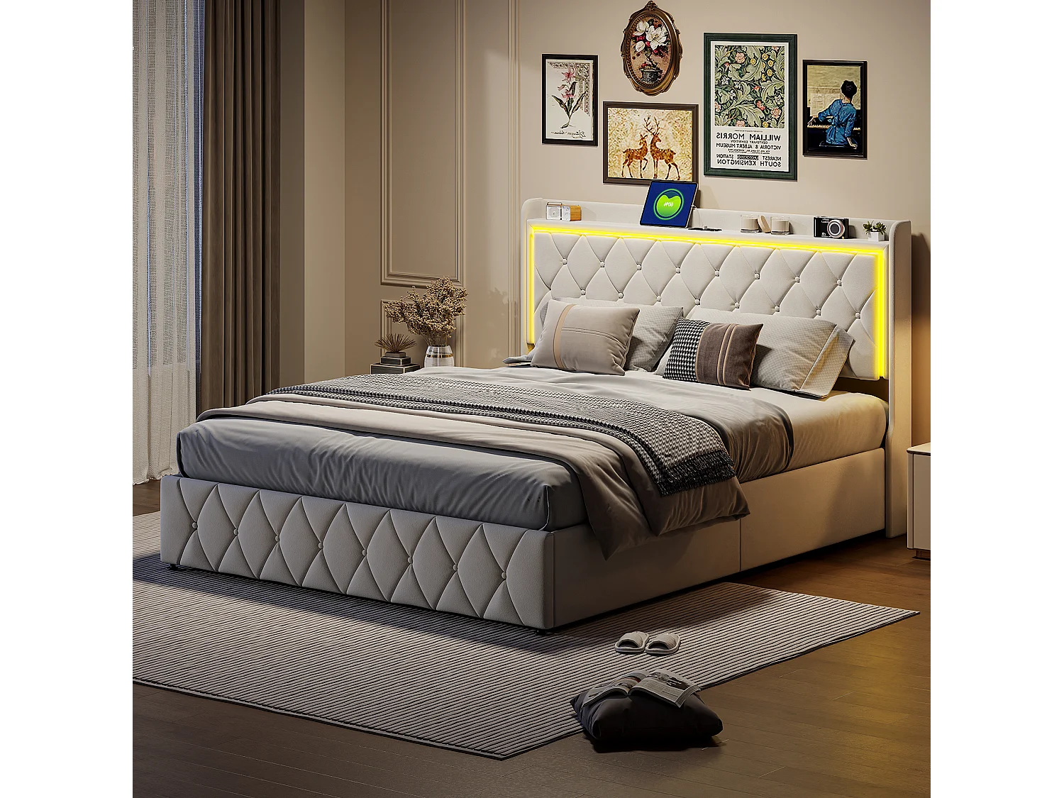 Gestoffeerd bed 160 x 200 cm, tweepersoonsbedframe met ledverlichting en USB-oplaadfunctie, fluweel, beige