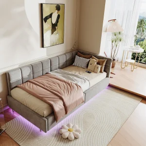 Gestoffeerd eenpersoonsbed, 90 x 200 cm, slaapbank met ledverlichting, chaise longue met lattenbodem, grijs Gestoffeerd eenpersoonsbed, 90 x 200 cm, slaapbank met ledverlichting, chaise longue met lattenbodem, grijs
