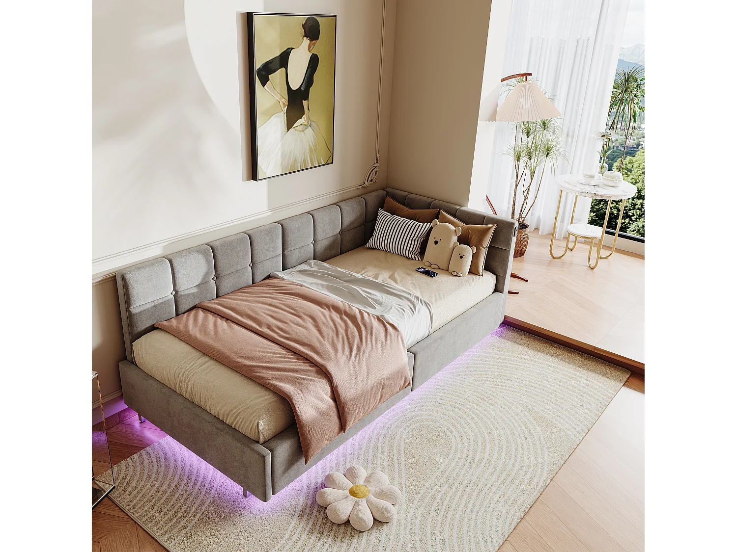 Gestoffeerd eenpersoonsbed, 90 x 200 cm, slaapbank met ledverlichting, chaise longue met lattenbodem, grijs