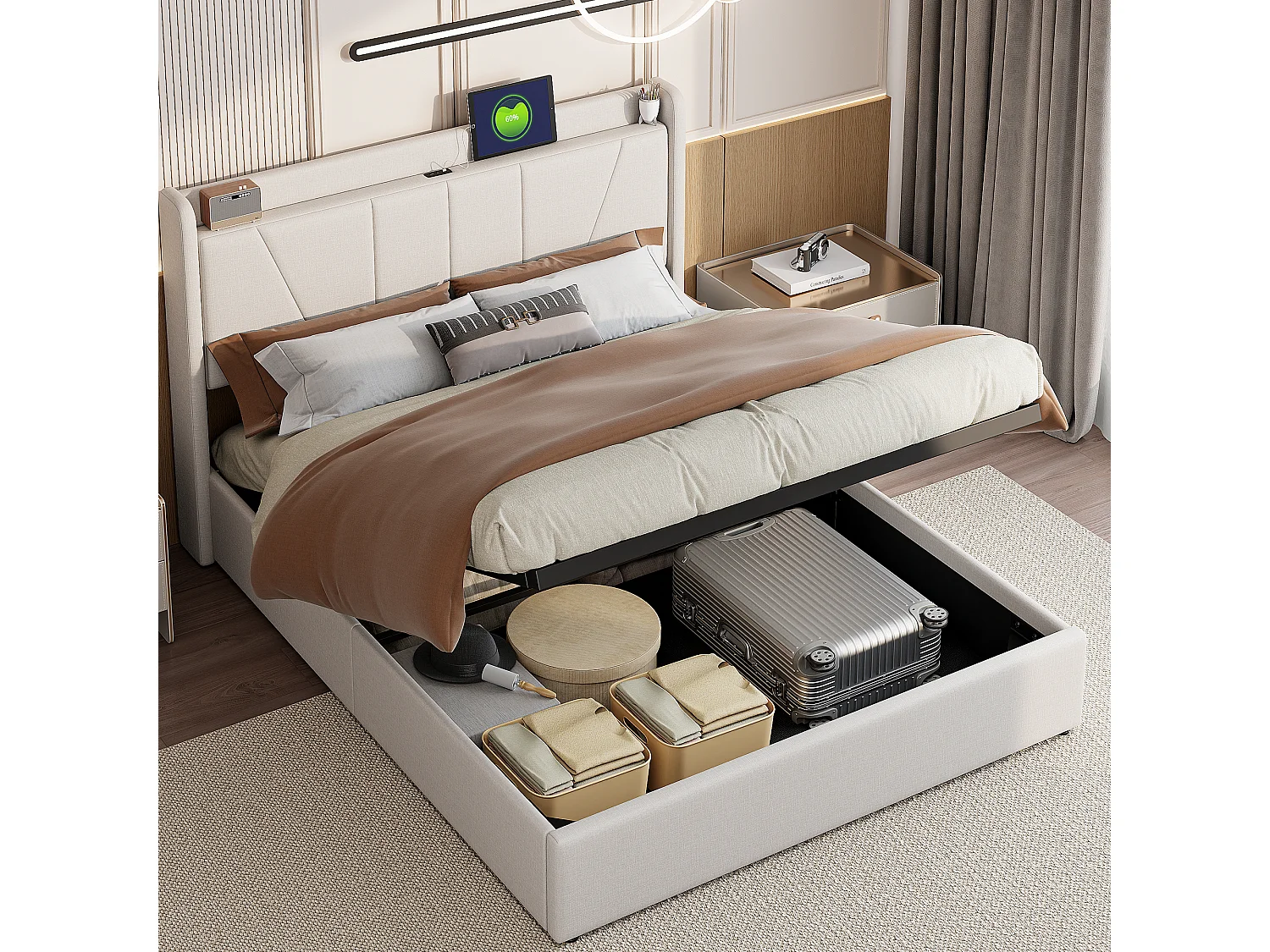 Gestoffeerd tweepersoonsbed 160 x 200 cm, met opbergruimte, bedframe met USB/Type-C-poort, beige