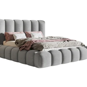 Gestoffeerd bed 160×200 Madeno – metalen lattenbodem, opbergruimte – fluweel, Lichtgrijs (Amor Velvet 4318)