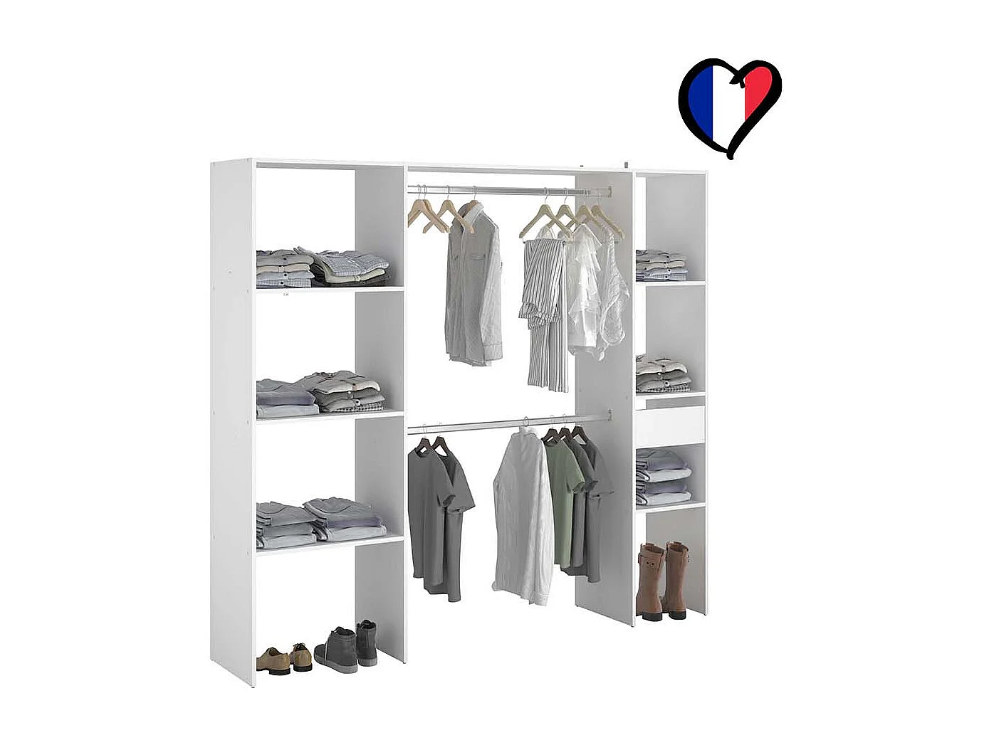 Grote Witte Kledingkast Grand Dressing Blanc met 6 Planken, 1 Lade, 2 Kledingstangen 198x40x180 ELYSEE