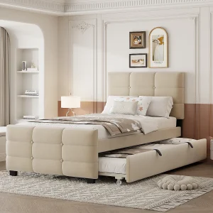 Gestoffeerd kinderbed – 90 x 190 cm – met uitschuifbed 90 x 190 cm + hoofdbord – MDF + Metaal + Fluweel – beige Gestoffeerd kinderbed – 90 x 190 cm – met uitschuifbed 90 x 190 cm + hoofdbord – MDF + Metaal + Fluweel – beige
