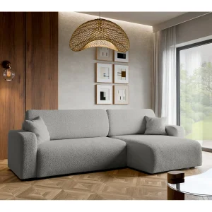 Hoekbank slaapbank Piano XL met slaapfunctie en universele opbergruimte, in grijze bouclé stof – van de fabrikant VINOTTI Hoekbank slaapbank Piano XL met slaapfunctie en universele opbergruimte, in grijze bouclé stof – van de fabrikant VINOTTI