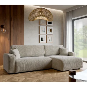 Hoekbank bedbank van beige ribfluweel PIANO XL met opbergruimte en snel uitklapsysteem