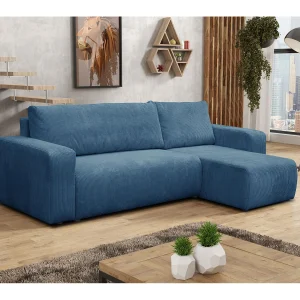 Hoekbank Luna L, hoekbank in L-vorm met slaapfunctie en bedbak, kleur: blauw, corduroy, universele ottomane