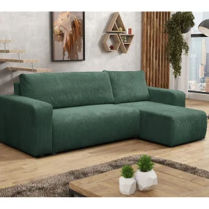 Hoekbank Luna L, hoekbank in L-vorm met slaapfunctie en bedbak, kleur: groen, corduroy, universele ottomane