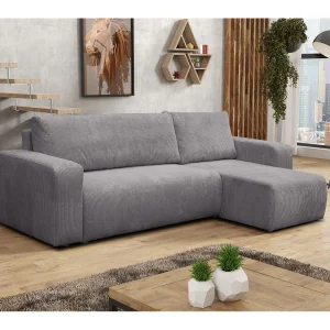 Hoekbank Luna L, hoekbank in L-vorm met slaapfunctie en bedbak, kleur: donkergrijs, corduroy, universele ottomane