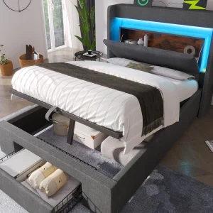 Gestoffeerd bed met opbergruimte 90x200cm – met LED en USB-aansluiting – met 1 lade – hoofdeinde met opbergruimte – linnen – Grijs​ (zonder matras)