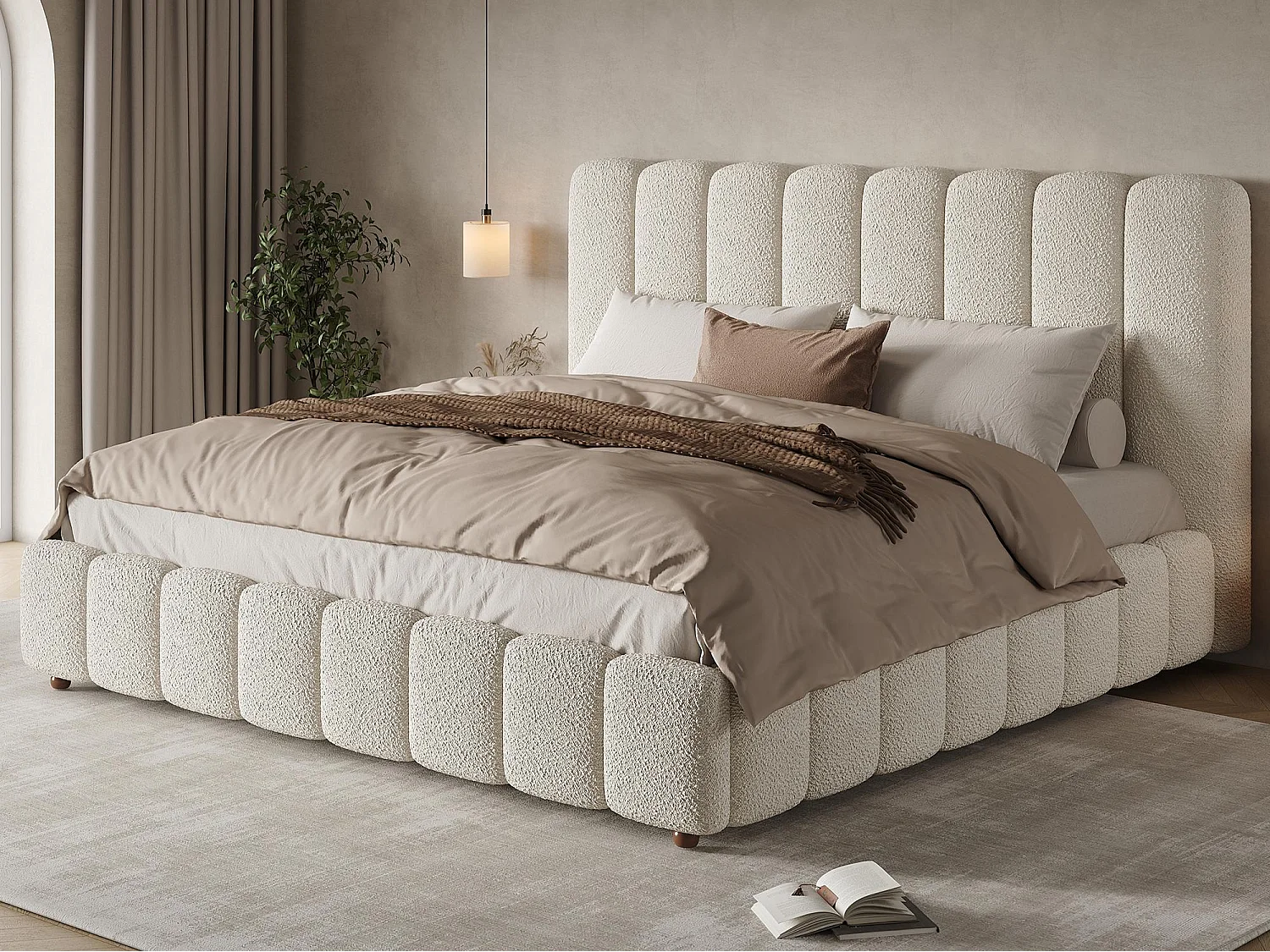 Gestoffeerd opbergbed 160x200cm - met lattenbodem - Bouclé stof - Wit (zonder matras)
