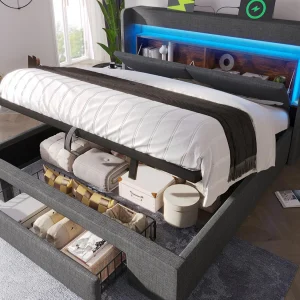 Gestoffeerd bed met opbergruimte 140x200cm – met LED en USB-aansluiting – met 1 lade – hoofdeinde met opbergruimte – linnen – Grijs (zonder matras) Gestoffeerd bed met opbergruimte 140x200cm – met LED en USB-aansluiting – met 1 lade – hoofdeinde met opbergruimte – linnen – Grijs (zonder matras)