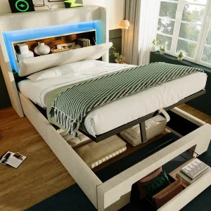 Gestoffeerd bed met opbergruimte 90x200cm – met LED en USB-aansluiting – met 1 lade – hoofdeinde met opbergruimte – linnen – Beige​ (zonder matras)