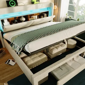 Gestoffeerd bed met opbergruimte 140x200cm – met LED en USB-aansluiting – met 1 lade – hoofdeinde met opbergruimte – linnen – Beige (zonder matras) Gestoffeerd bed met opbergruimte 140x200cm – met LED en USB-aansluiting – met 1 lade – hoofdeinde met opbergruimte – linnen – Beige (zonder matras)