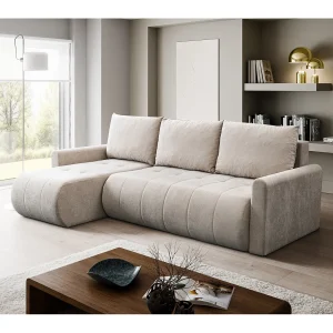 Hoekbank met Slaapfunctie Primo – Chenille Crème Wind 05 – Opbergruimte