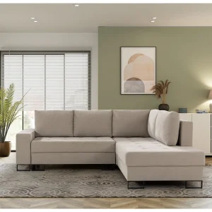 Hoekbank met Slaapfunctie Rechts Trevi – Chenille Beige Wind 05 – Metalen Poten