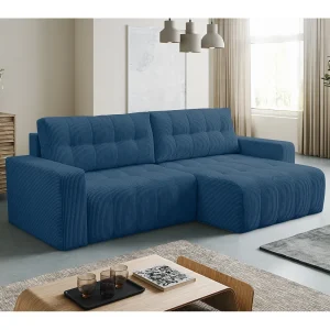 Hoekbank met Slaapfunctie Palermo – Ribfluweel Blauw Poso 05 – Opbergruimte Hoekbank met Slaapfunctie Palermo – Ribfluweel Blauw Poso 05 – Opbergruimte